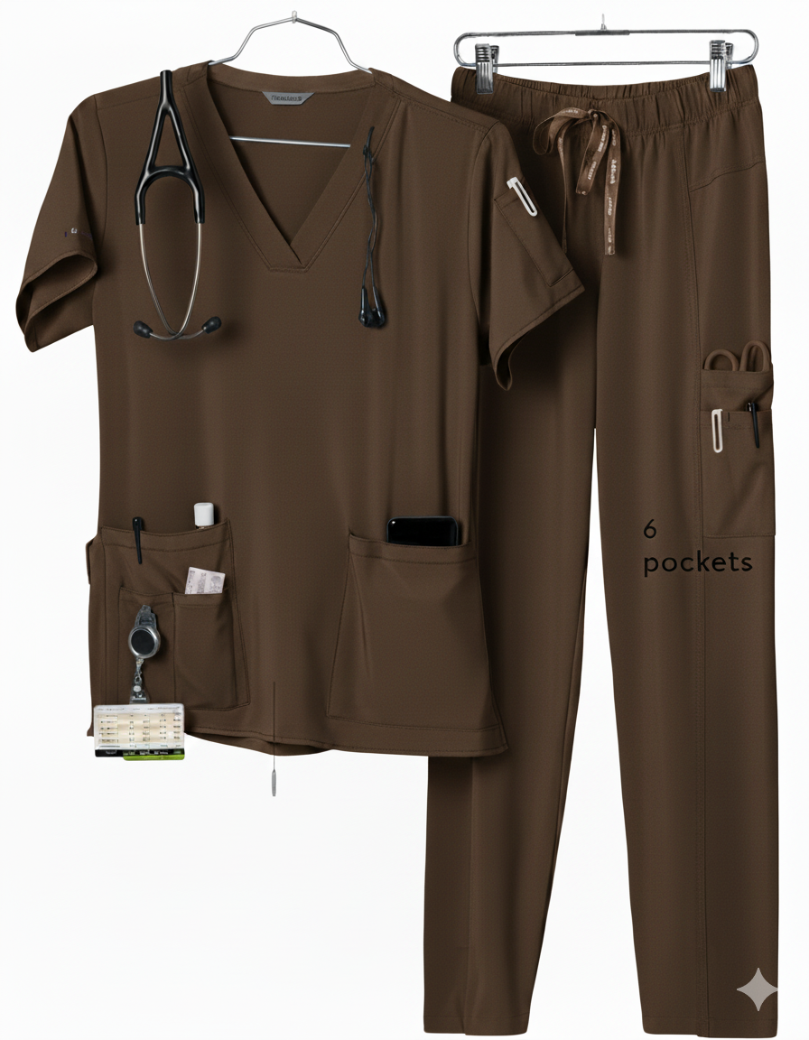 MedStretch Premium Unisex Stretchable Chocolate Brown Scrub Set With Cargos - Image 2